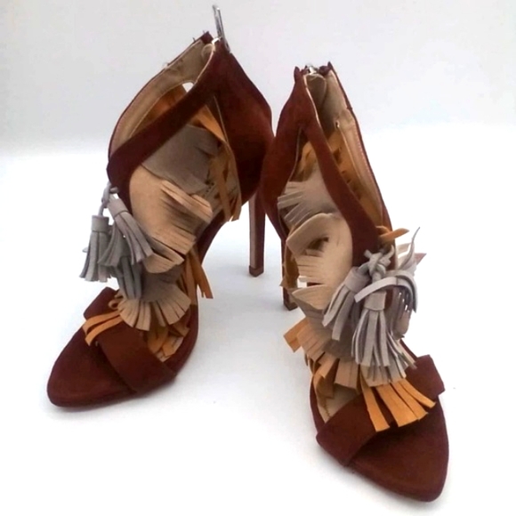 ZARA Tan Brown Suede Fringed Heels - Picture 14 of 15